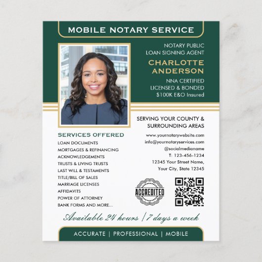 Stijlvolle mobiele notaris service foto groen goud flyer (Voorkant)