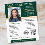 Stijlvolle mobiele notaris service foto groen goud flyer<br><div class="desc">Trek meer klanten aan met deze klassieke Notary Public business flyers. Een stijlvolle sjabloon gepersonaliseerd met uw foto, naam, gegevens, QR-code en een logo of accreditatiesymbool. Zakelijke flyers zijn een effectieve manier om uw bedrijf te promoten en uw notarisdiensten te adverteren. Een effectieve manier om uw bedrijf te promoten en...</div>