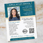 Stijlvolle mobiele notarisservice foto Blauwgroen  Flyer<br><div class="desc">Trek meer klanten aan met deze klassieke 'Mobile Notary Service' zakelijke flyers. Een stijlvolle sjabloon gepersonaliseerd met uw foto, naam, gegevens, QR-code en een logo- of accreditatiesymbool. Alle tekst en afbeeldingen kunnen worden aangepast of verwijderd, zodat u de gewenste informatie kunt opnemen. Voeg eenvoudig uw web-URL toe en er wordt...</div>