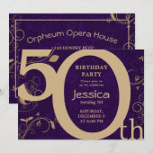 Stijlvolle Modern Gold en Paarse Verjaardagsuitnod Kaart (Voorkant / Achterkant)