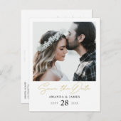 Stijlvolle Modern Gold Script Foto Sla de datum op Aankondigingskaart (Voorkant / Achterkant)