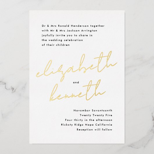 Stijlvolle moderne aangepaste namen Tuxedo Gold We Folie Uitnodiging (Voorkant)