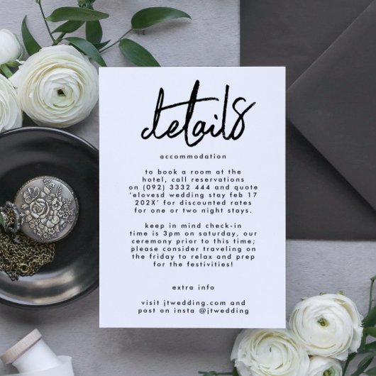 Stijlvolle moderne aangepaste namen zwart withuwel informatiekaartje