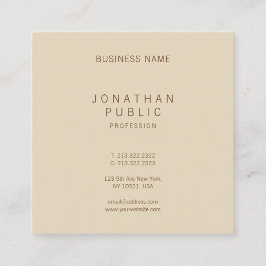 Stijlvolle, moderne, elegante beige Sjabloon Vierkante Visitekaartje (Achterkant)