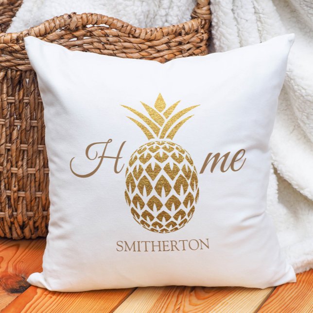 Stijlvolle moderne gouden ananas witte thuis kussen (Gold and white pineapple "Home" pillow)