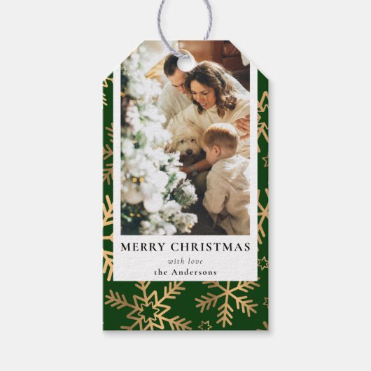 Stijlvolle moderne groene gouden kerst familie fot cadeaulabel (Voorkant)