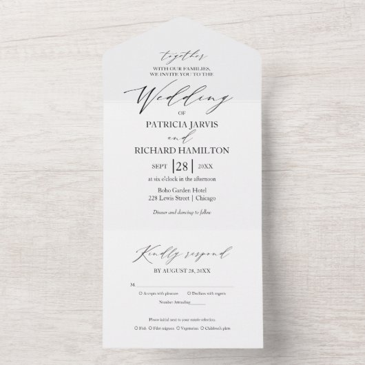 Stijlvolle moderne kalligrafie bruiloft all in one uitnodiging (Binnen)