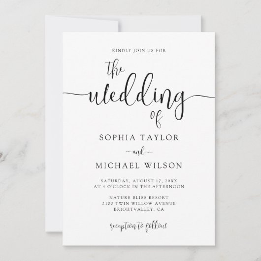 Stijlvolle moderne kalligrafie zwart wit bruiloft kaart (Voorkant)