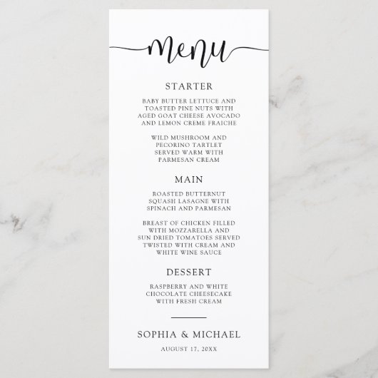 Stijlvolle moderne kalligrafie zwart wit bruiloft menu (Voorkant)