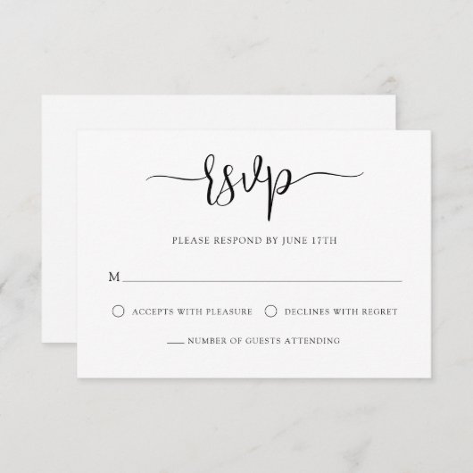 Stijlvolle moderne kalligrafie zwart wit bruiloft RSVP kaartje (Voorkant / Achterkant)