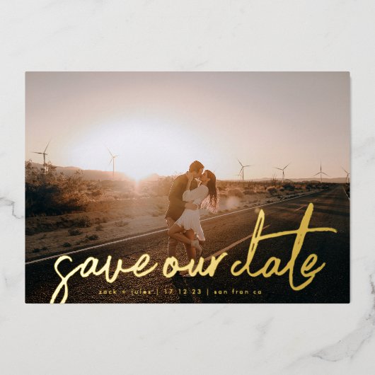 Stijlvolle moderne namen Foto Gold sparen onze dat Folie Uitnodiging (Voorkant)