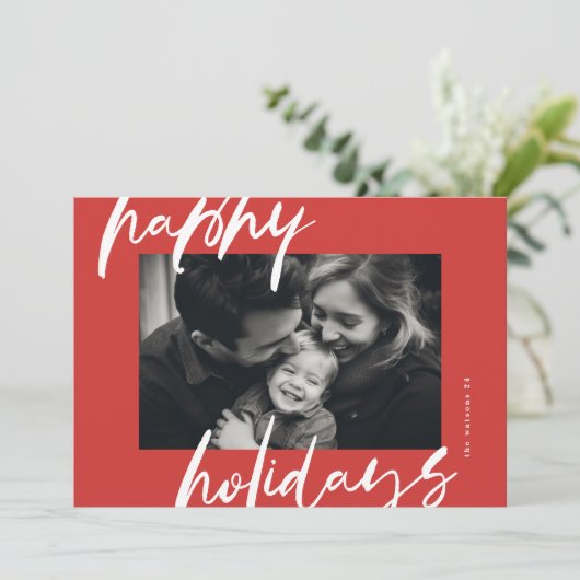 Stijlvolle moderne rood & wit foto lijst Happy Feestdagenkaart (Staand voorkant)