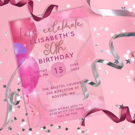 Stijlvolle moderne roze ballonnen 30e verjaardag kaart