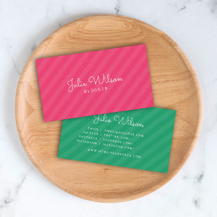 Stijlvolle moderne roze & groene strepen Social Me Visitekaartje