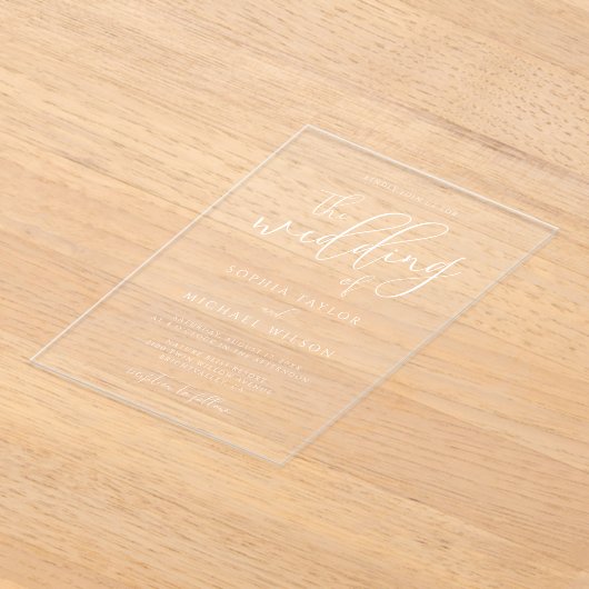 Stijlvolle moderne script witte bruiloft acryl uitnodigingen (Laagn)
