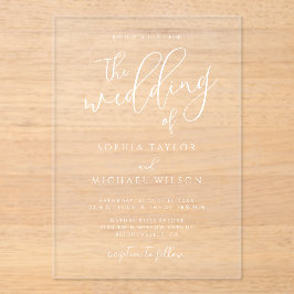 Stijlvolle moderne script witte bruiloft acryl uitnodigingen