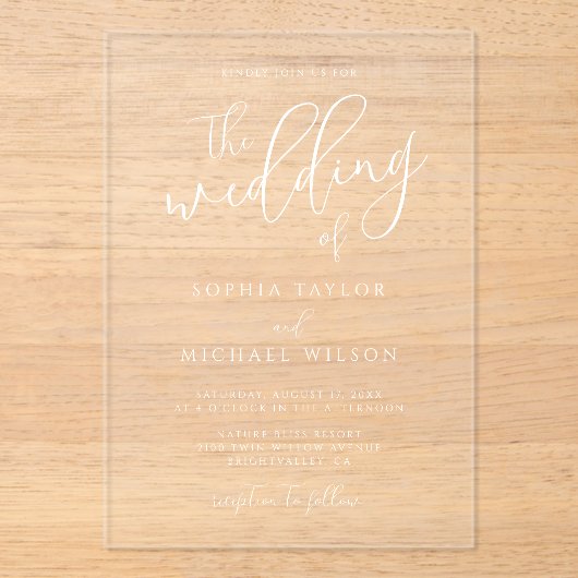 Stijlvolle moderne script witte bruiloft acryl uitnodigingen (Voorkant)