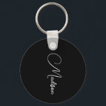 Stijlvolle moderne scriptnaam zwart sleutelhanger<br><div class="desc">Een eenvoudige,  stijlvolle,  scriptnaam sleutelhanger met witte typografie op zwart. Minimalistische stijl.</div>