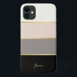 Stijlvolle moderne strepen patroon met naam Case-Mate iPhone case<br><div class="desc">Stijlvol en vrouwelijk, dit slanke ontwerp heeft brede horizontale strepen in crème, roze, taupe en zwart met dunne gouden lijnen die de kleuren van de strepen verdelen. Een tekst sjabloon is opgenomen om te personaliseren met jouw naam, monogram initialen of andere gewenste tekst. U kunt de voorbeeldtekst ook verwijderen als...</div>