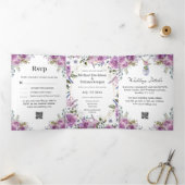 Stijlvolle moderne waterverf paarse botanische bru drieluik uitnodiging (Binnen)