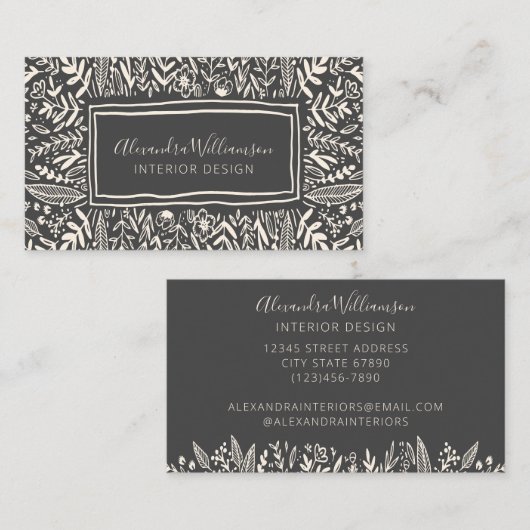 Stijlvolle moderne zwart-wit bloemige kunst grens visitekaartje (Voorkant / Achterkant)