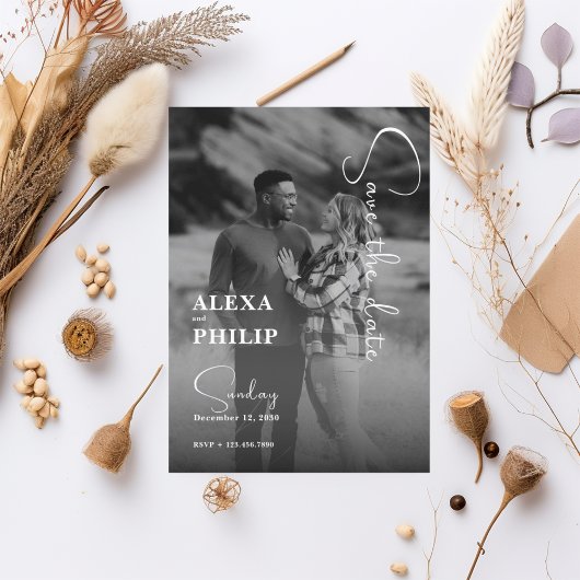 Stijlvolle moderne zwart witte foto bruiloft kaart