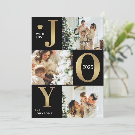 Stijlvolle moderne zwarte fotocollage Joy Christma Feestdagenkaart (Staand voorkant)