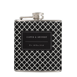 Stijlvolle moderne zwarte ivoor Quatrefoil naam br Heupfles