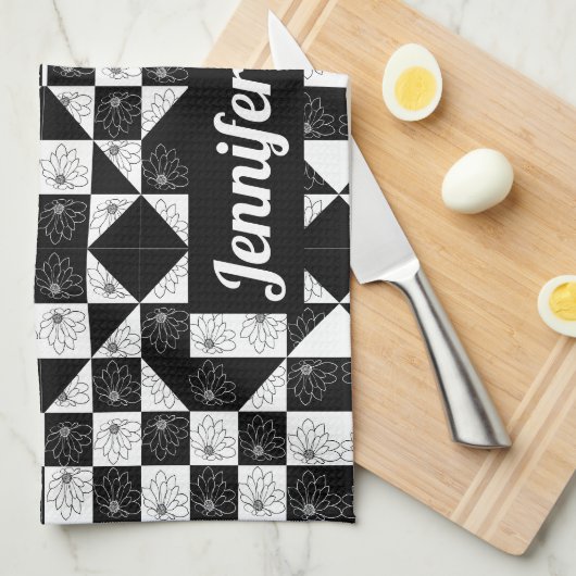 Stijlvolle monochrome ingedrukte florale driehoeke theedoek (Quarter Fold)