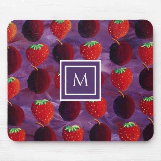 Stijlvolle monogram beginletter pruimen en aardbei muismat (Voorkant)