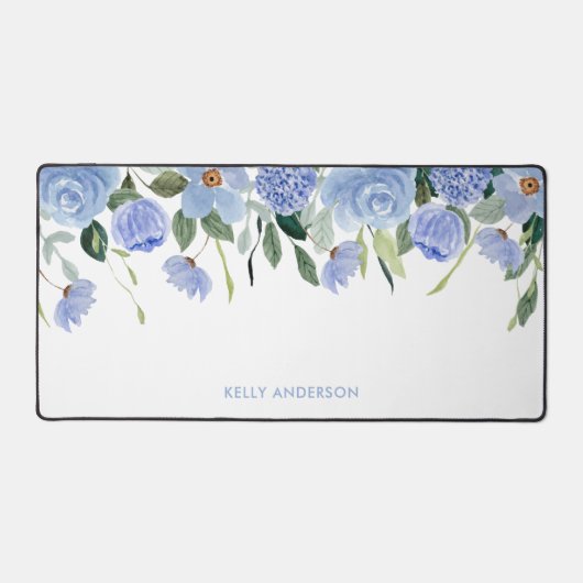 Stijlvolle Monogram Blauwe bloemige waterverf rand Bureaumat (Voorkant)