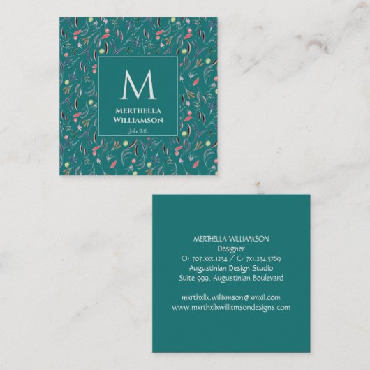 Stijlvolle MONOGRAM Blauwgroen Blue Floral Vierkante Visitekaartje (Voorkant / Achterkant)