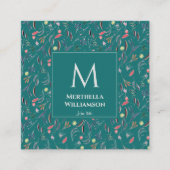 Stijlvolle MONOGRAM Blauwgroen Blue Floral Vierkante Visitekaartje (Voorkant)