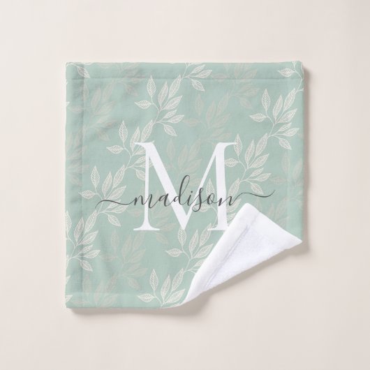 Stijlvolle Monogram Blauwgroen Botanische Bladeren Bad Handdoek (Wasdoekje)