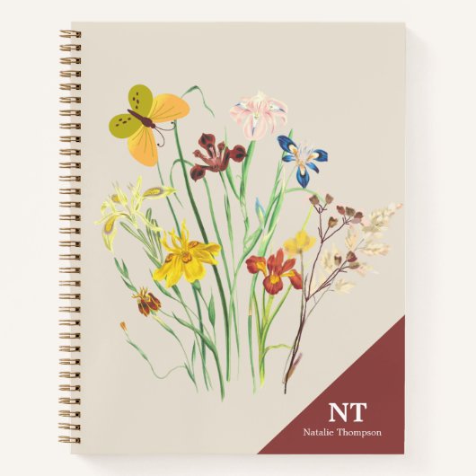 Stijlvolle monogram en initiaal florale Burgundy Notitieboek (Voorkant)