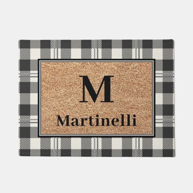 Stijlvolle Monogram Faux Koor Buffalo Plaid Design Deurmat (Voorkant)