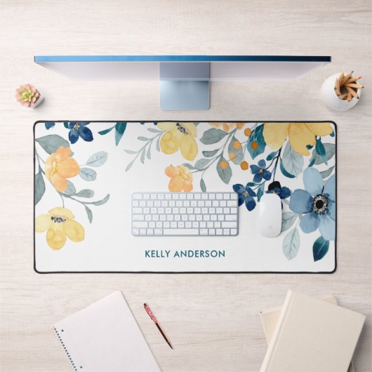 Stijlvolle Monogram Geel & Blauw Waterverf bloemig Bureaumat (Kantoor 1)