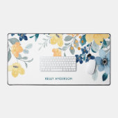 Stijlvolle Monogram Geel & Blauw Waterverf bloemig Bureaumat (Keyboard & Muis)