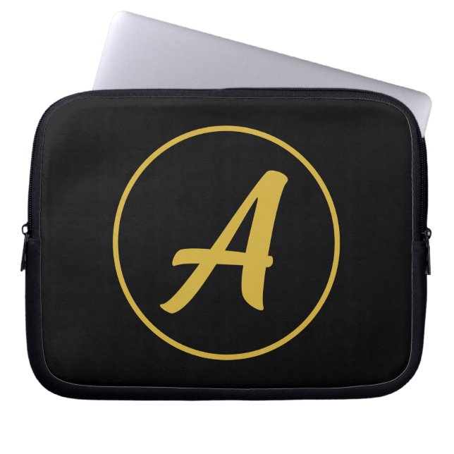 Stijlvolle Monogram Initiaal Letter Goud Kleur Zwa Laptop Sleeve (Voorkant)