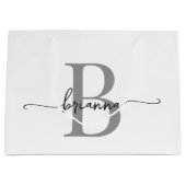 Stijlvolle Monogram Initiaal Script Modern Wit Gri Groot Cadeauzakje (Voorkant)