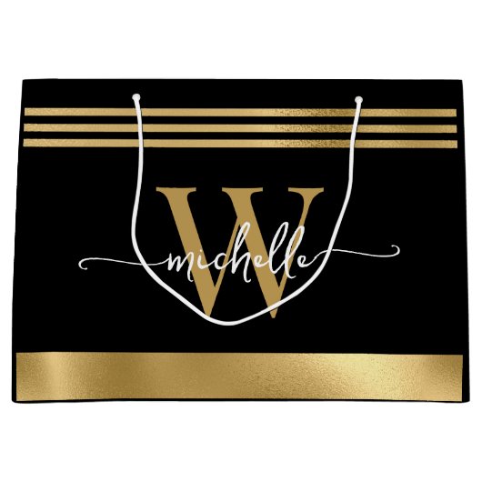 Stijlvolle Monogram Initiaal Script Zwart Goud Ges Groot Cadeauzakje (Voorkant)