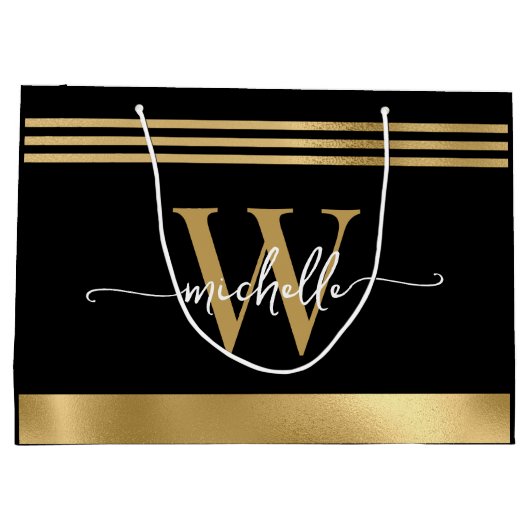 Stijlvolle Monogram Initiaal Script Zwart Goud Ges Groot Cadeauzakje (Achterkant)