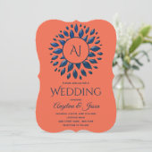 Stijlvolle Monogram Marine en Coral Wedding Kaart (Staand voorkant)
