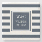 Stijlvolle monogram marineblauw, witte streep stenen onderzetter (Voorkant)