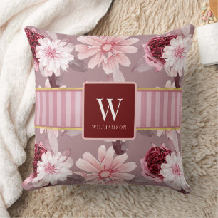 Stijlvolle Monogram Naam Magenta Roze Bloemen Stre Kussen