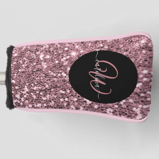 Stijlvolle monogram naam roos goud glitter zwart golfheadcover (Voorkant)