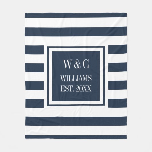 Stijlvolle Monogram Navy Blue Witte Streep Fleece Deken (Voorkant)