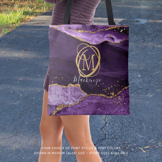 Stijlvolle Monogram Paarse Agaat Gouden Glitter Tote Bag