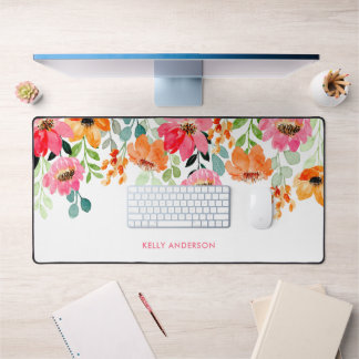 Stijlvolle Monogram Roze Waterverf floraal Bureaumat