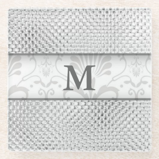 Stijlvolle Monogram Silver Grey Designer Glazen Onderzetter (Voorkant)